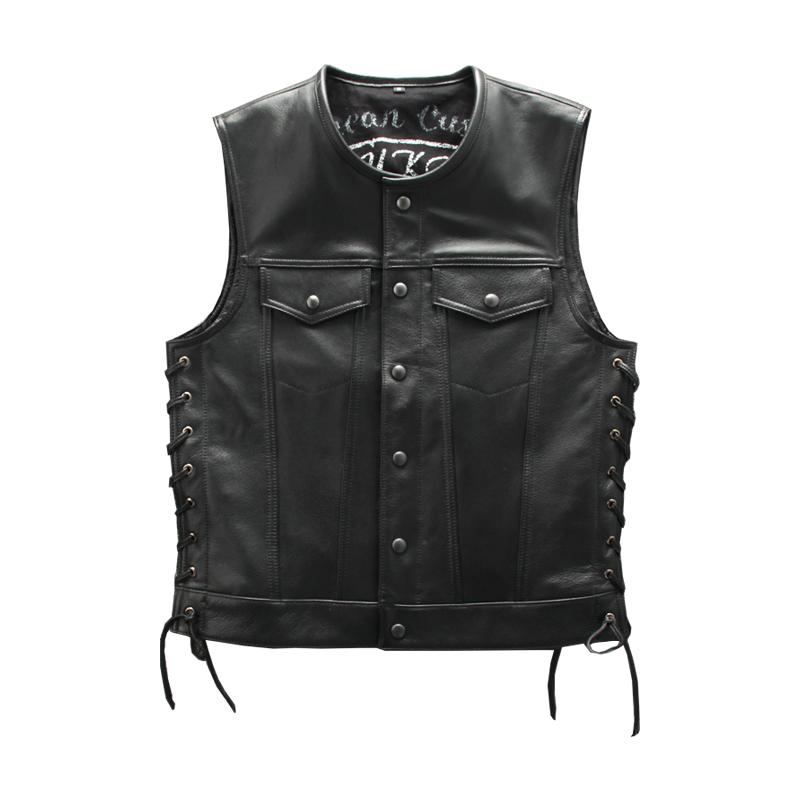 

Men's Vests Real Collarless Motorcycle Vest Cowhide Genuine Leather Sleeveless Jackets Adjustable Rope, Black