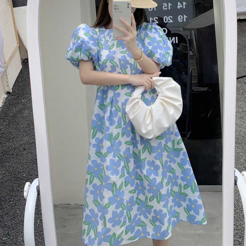 

Fashion Retro Blue Print Long Dress Korea Summer Women Sweet Puff Sleeve O Neck Casual Bohemian Vacation 210526