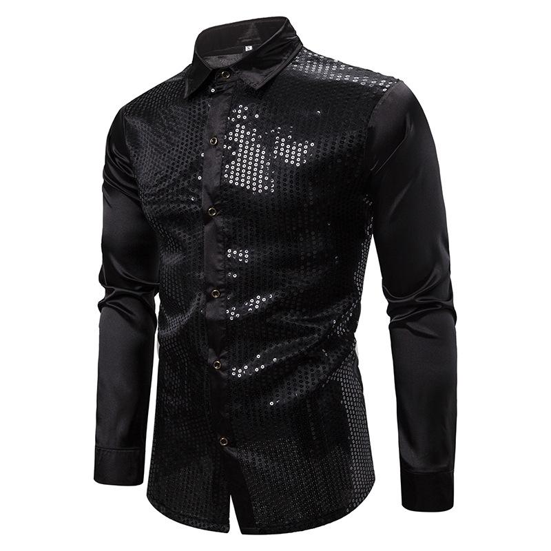 

Men' Casual Shirts Mens Black Long Sleeve Button Down Dress 2021 Shiny Sequin Silk Satin Shirt Men Business Party Male Chemise Homme