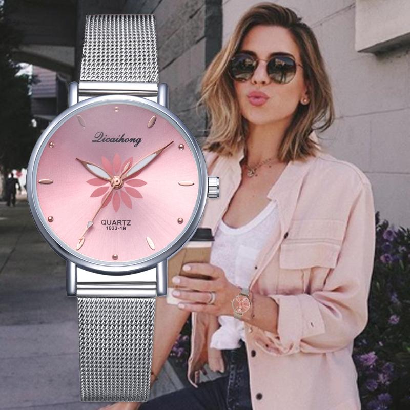 

Wristwatches Watches For Women Luxury Silver Pink Dial Flowers Metal Ladies Bracelet Quartz Clock Wrist Watch, Slivery;brown