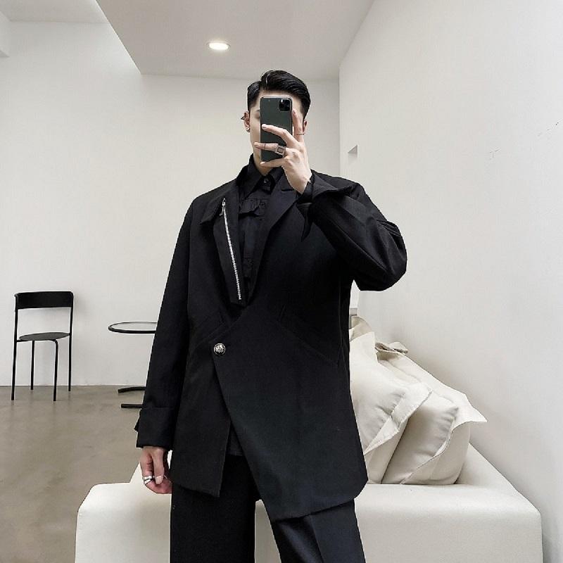 

Men's Suits & Blazers -XL!Japanese Abstinence System Lazy Autumn Personality Trend Design Sense Side Diagonal Pocket Suit Male Handsome Jac, Black