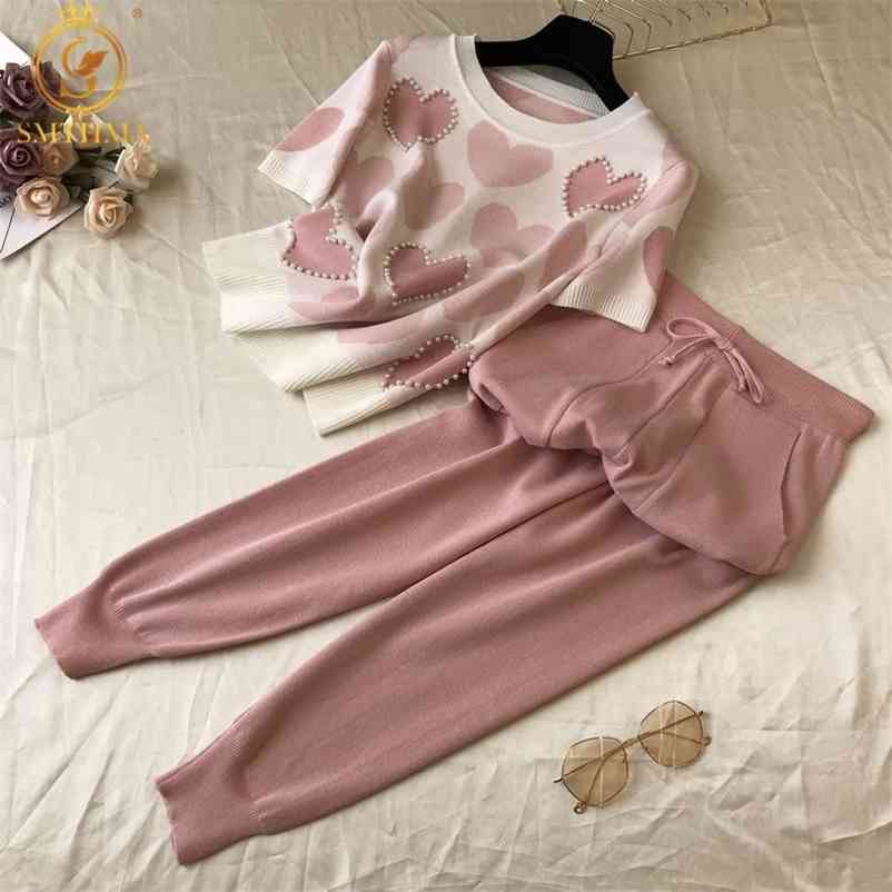 

Arrival Beaded Heart Shape Short-Sleeved Sweater + Elastic Waist Pants Women Sweet 2pcs Suit Ladies Summer Clothing Set 210520, Photo color