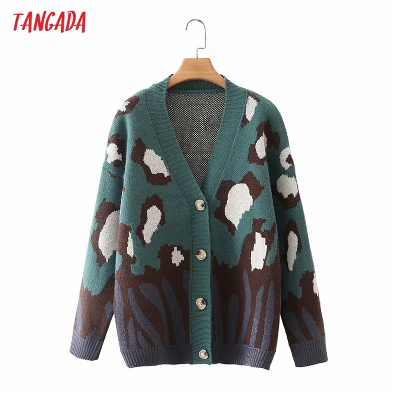 

Tangada Women Elegant Green Leopard Cardigan Vintage Jumper Lady Fashion Oversized Knitted Coat 3F31 211018