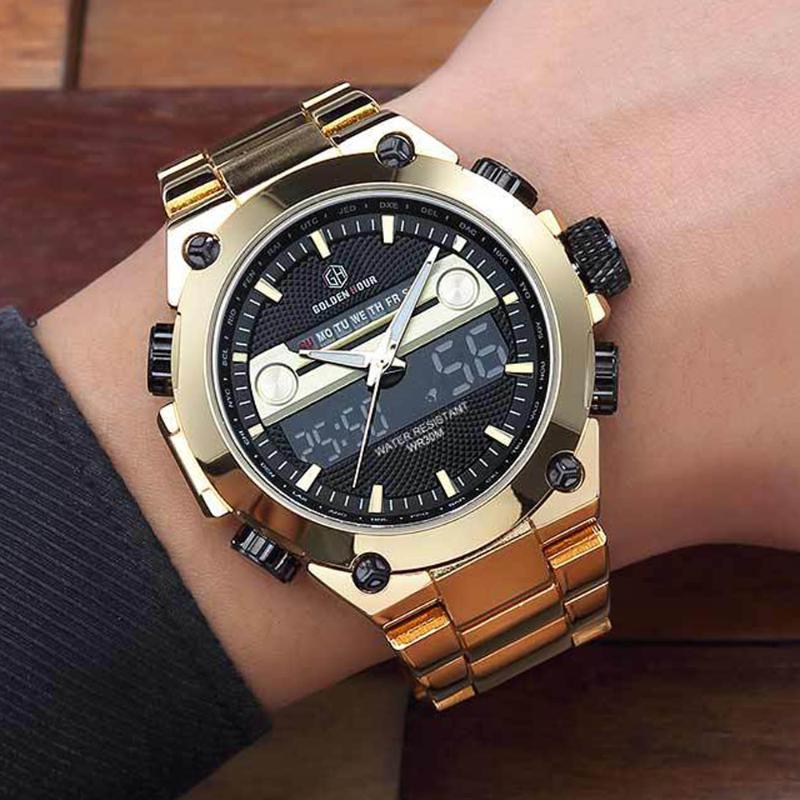 

Wristwatches GOLDENHOUR Mens Sport Watches Luxury Gold Quartz Steel Strap Waterproof Military Digital Wristwatch Clock Relogio Masculino 202