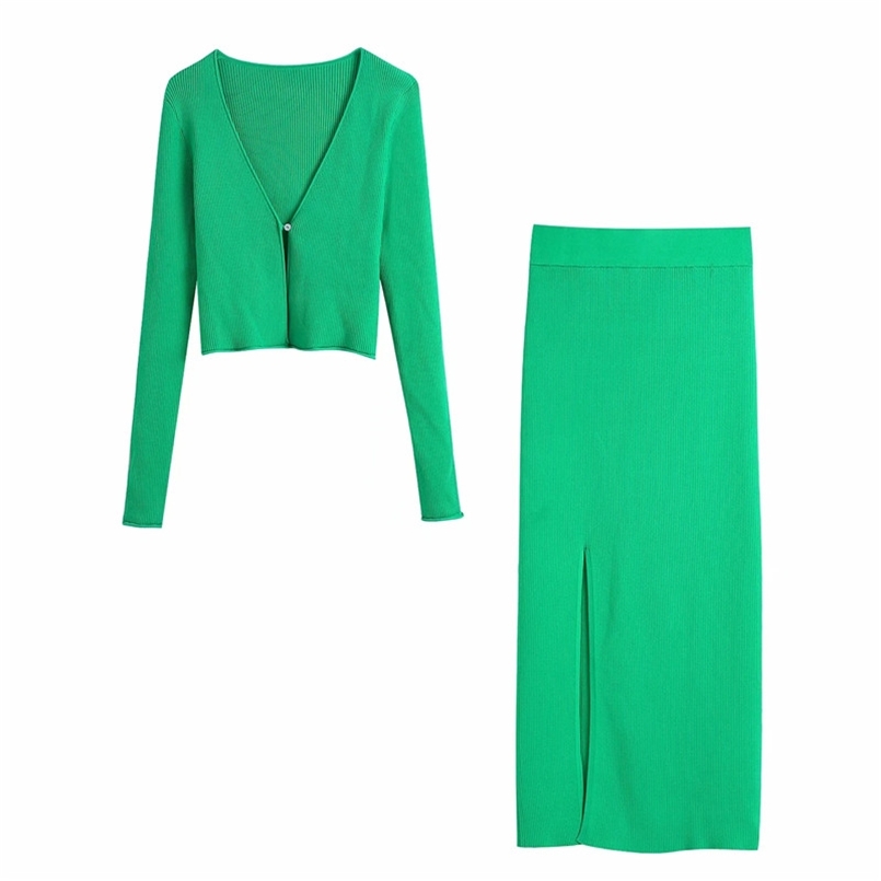 

TRAF Za Women Green Skirt Women Sets Knitted Suit High Waist Skirt Elegant Set Woman 2 Pieces Summer Casual Rib Cardigan 211108, Army green