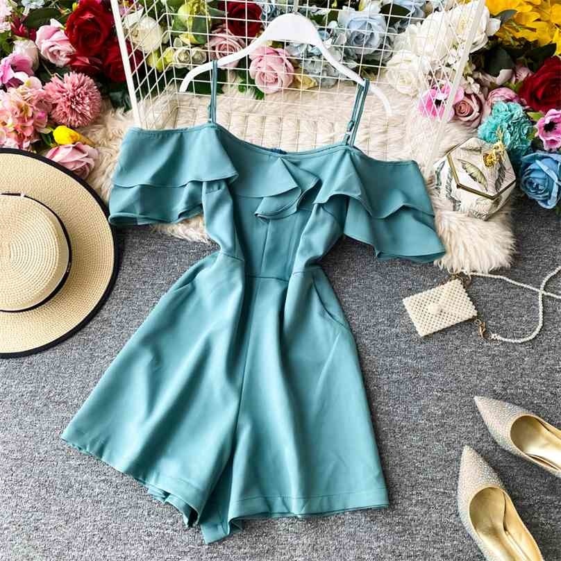 

Women Beach Romper Fashion Ruffles Off Shoulder Slim High Waist Shorts Jumpsuits Woman Sexy Body Overalls Femme 210525