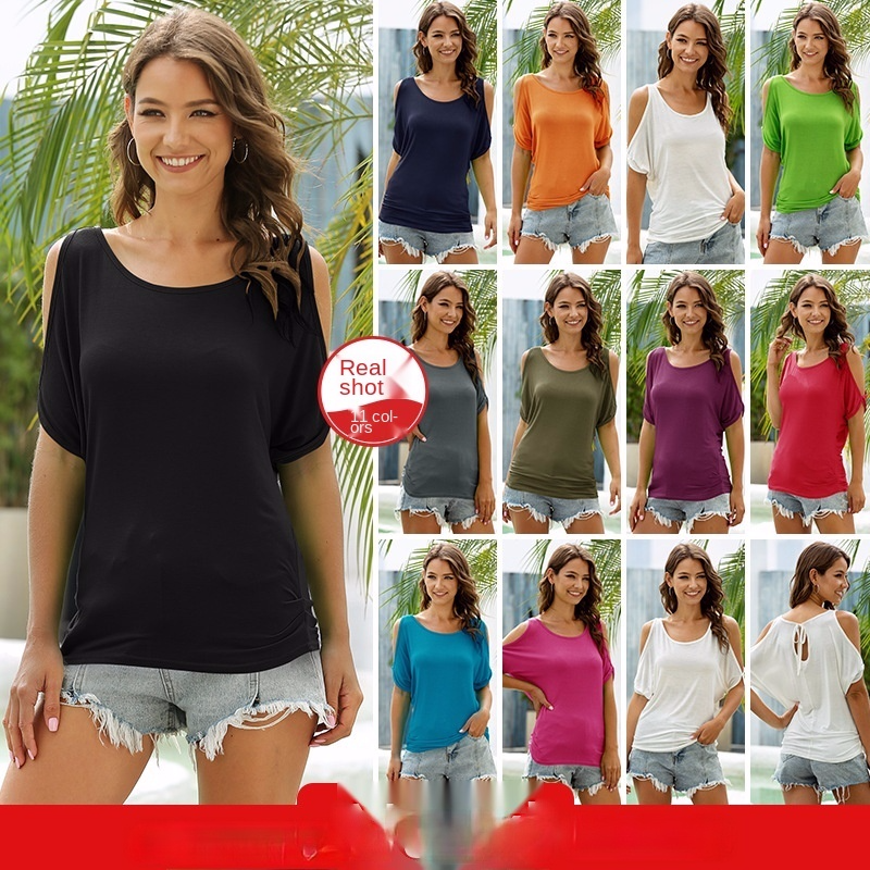 

2021 Summer New Round Neck Women Clothes Off-shoulder Bat Loose Casual T-shirt Top, White