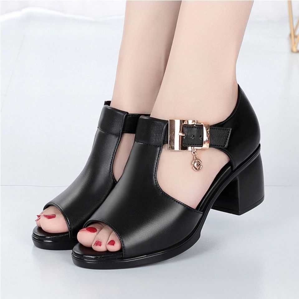 

2021 Fish Mouth Sandals Women's Spring and Summer New Roman Thick Heels Versatile Middle-heel Shoes Thick Women's Shoes Mother Y0721, Black