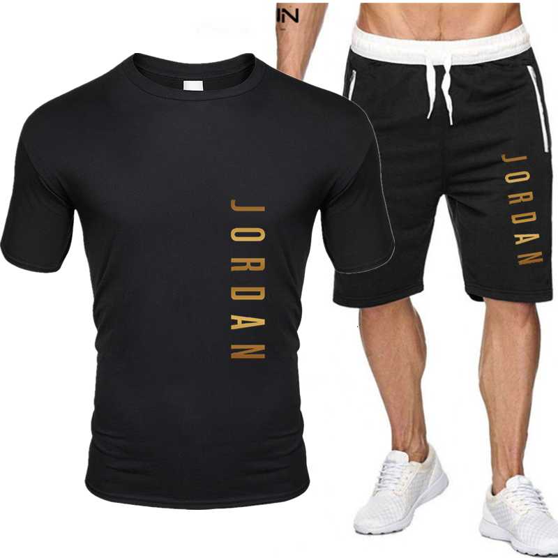 

2021 Fashion Summer 2-piece Sportswear, Short Sweatshirt and Shorts Suit, Beach Men's T-shirt, Sportswea, Green-black