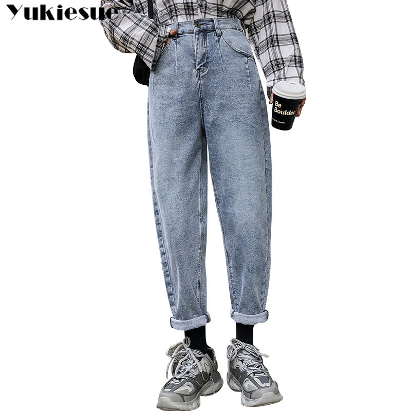 

4 color mom jeans woman elastic waist high wais plus size denim Pants boyfriend jeans for women Washed Cotton fashion 210519, Blue