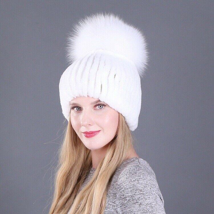 

Berets Winter Real Fur Hat Women Rex Warm Beanie Cap Handmade Fluffy Soft Pink, Color 2