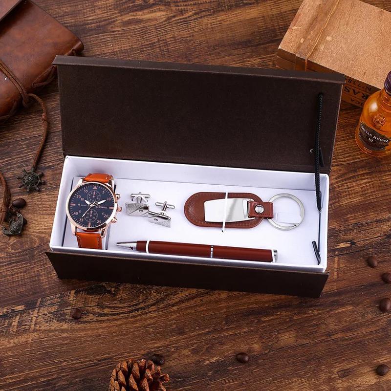 

Men Simple Gift Set Fashion Man Quartz Watch Cufflinks Ballpoint Pen Keychain Birthday Present Box Sets For Mens Fathers Wristwatches, Slivery;brown