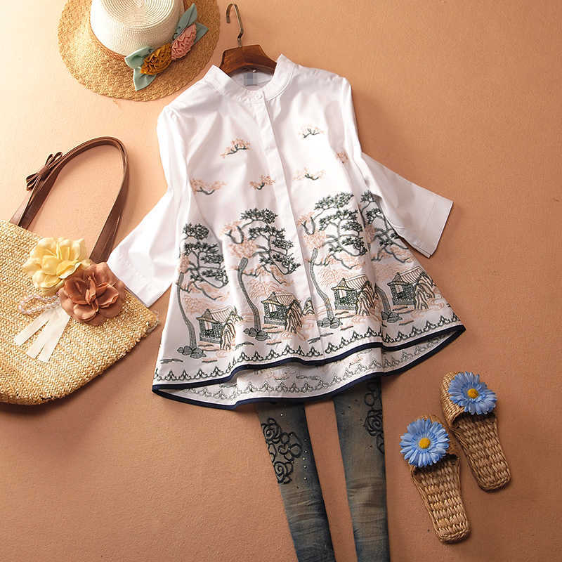 

Women's Shirts Wild Cotton Fashion Casual Embroidery Ladies Blouses and Tops Stand Collar Three-Quarter Sleeves Summer 210615, Navy