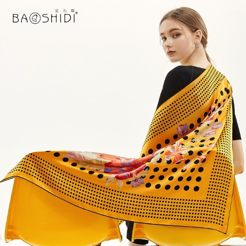 

Scarves [BAOSHIDI] 2021 Original Design, 100% Natural Satin Silk Square Scarf Women, Fashion Soft Elegant Lady Hijab, Blue;gray