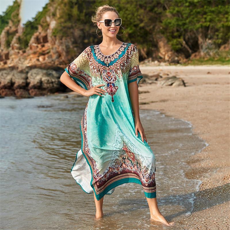 Maillots de bain pour femmes grande taille plage couvertures femmes été impression fendu Boho Maxi robe caftan paréo maillots de bain maillot de