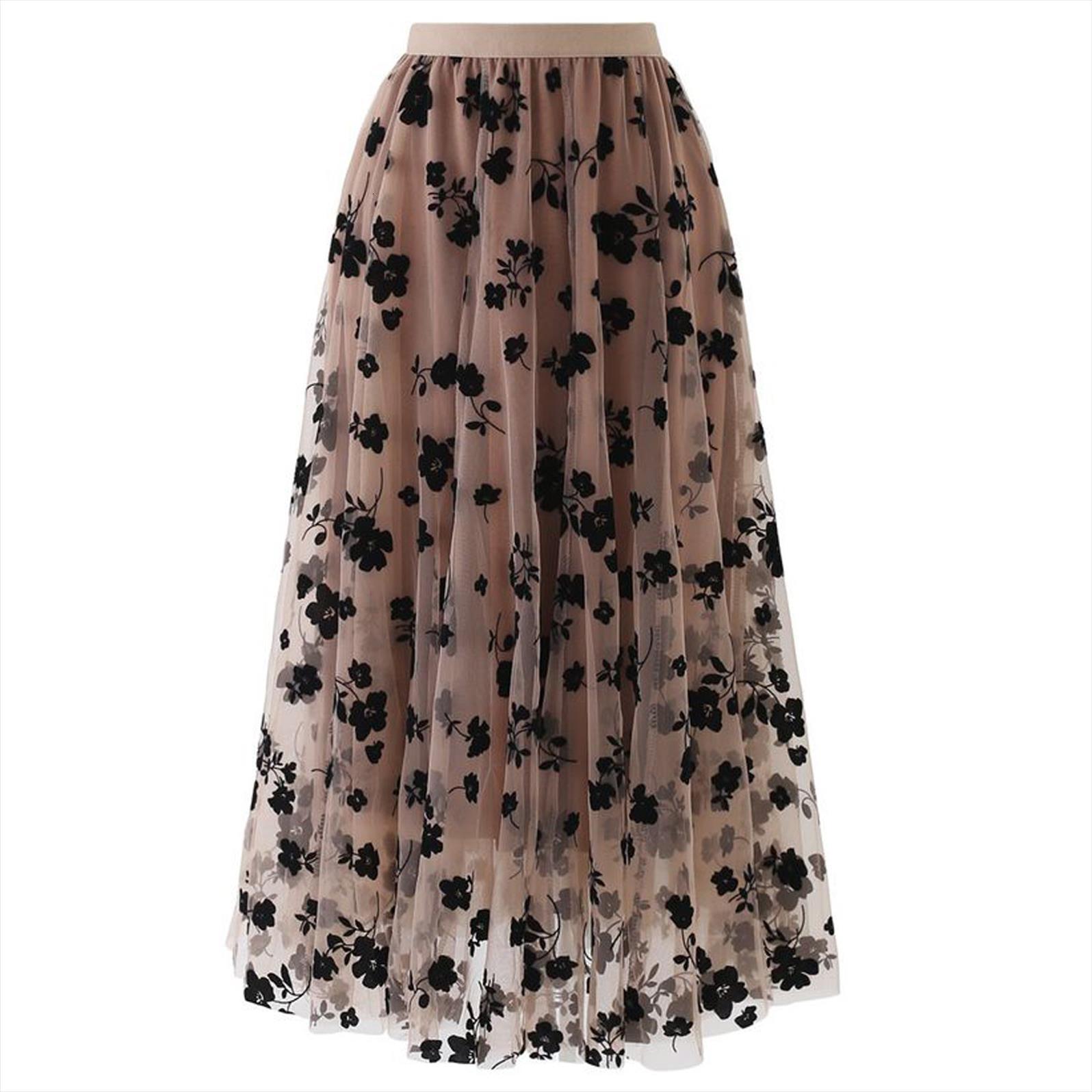 

black flower lace skrit womens skirts high waist mesh long elegant tulle sweet cute student school wear