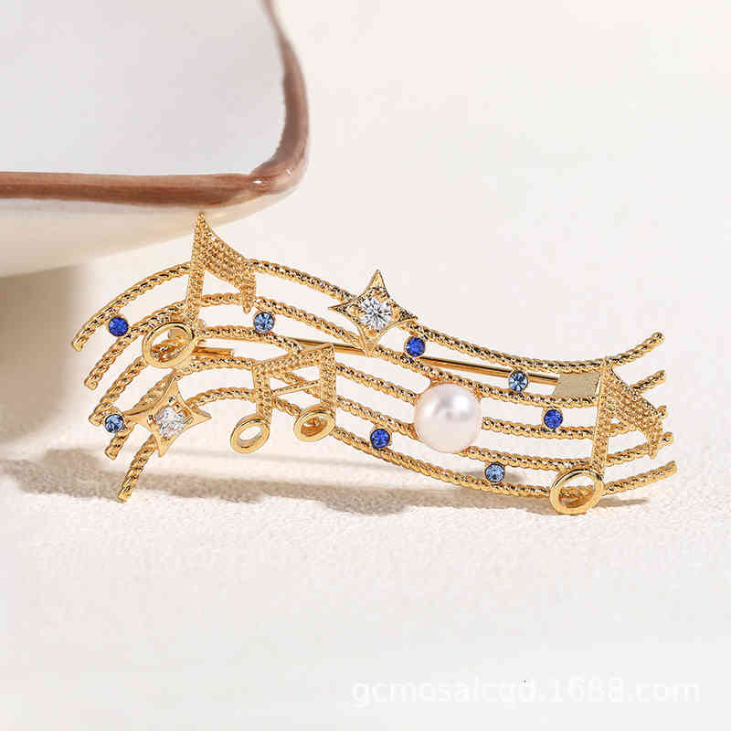 Versailles Score Notes Stars Natural Pearl Rhinestone Brooch Female Anti Light, Simple and Exquisite-image-744299907