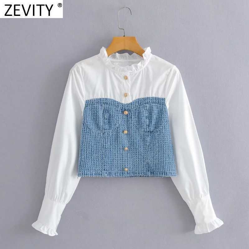 

Zevity Women Sweet Agaric Lace Ruffled Patchwork Denim Short Smock Blouse Female Fake Two Pieces Shirts Chic Blusas Tops LS9327 210603, As pic ls9327jixc