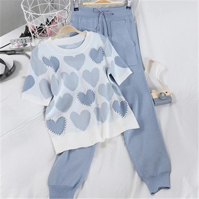 

summer sweet mind pattern knitted womens tracksuits two piece set short sleeve o neck pearls pullover leisure haren pants, Gray