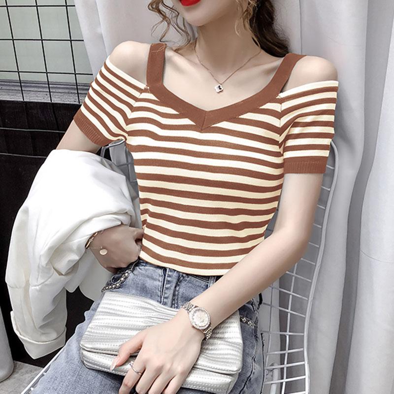 

Women's T-Shirt LJSXLS 2021 Korean Fashion V Neck Striped Knitted T-shirts Women Summer Short Sleeve Sexy Off Shoulder Tee Shirt Femme, Coffee stripes