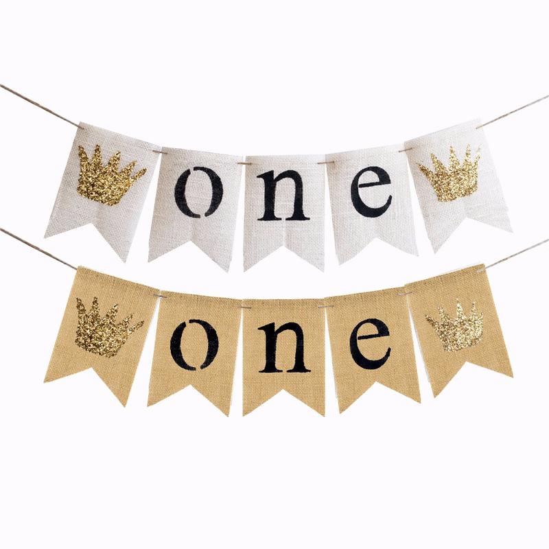 

Party Decoration Baby's 1st Birthday Crown ONE Linen Flag
