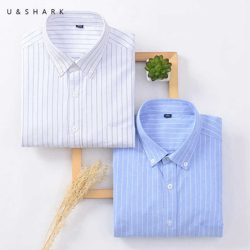 

U&SHARK Striped Shirt Men Long Sleeve Formal Business Mens Dress Shirts Office Clothes 100% Cotton Oxford Slim Fit Button Collar 210603, Navy and white