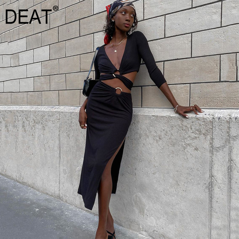 

Women Split Midi-long Skirt Arrivals Backless Slim Hollow Out Short Two Piece Set Fashion Spring Summer 11D640 210525, Black