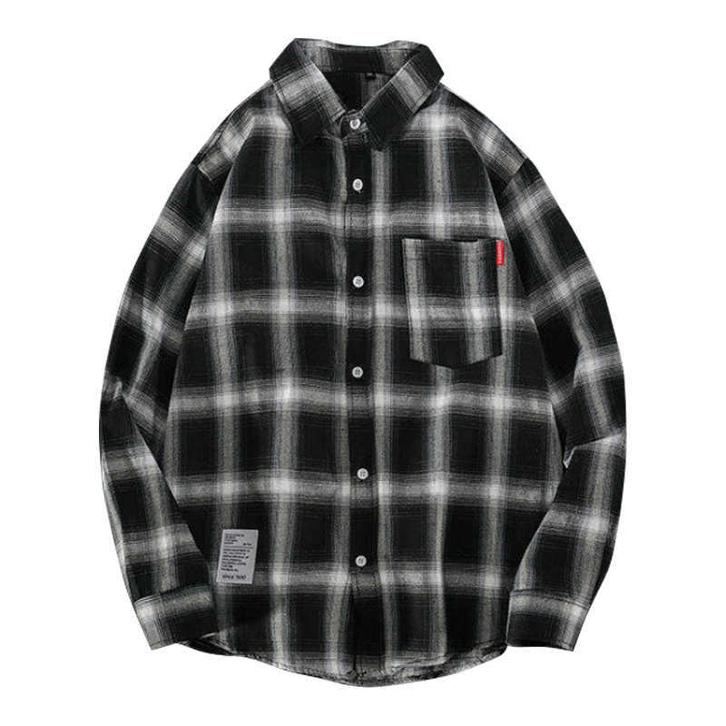 

Men Long Sleeve Block Plaid Shirt Spring Fashion Casual Slim Harajuku Striped Front Pocket Classic Vintage Tops Clothes 210721, Brown 6668