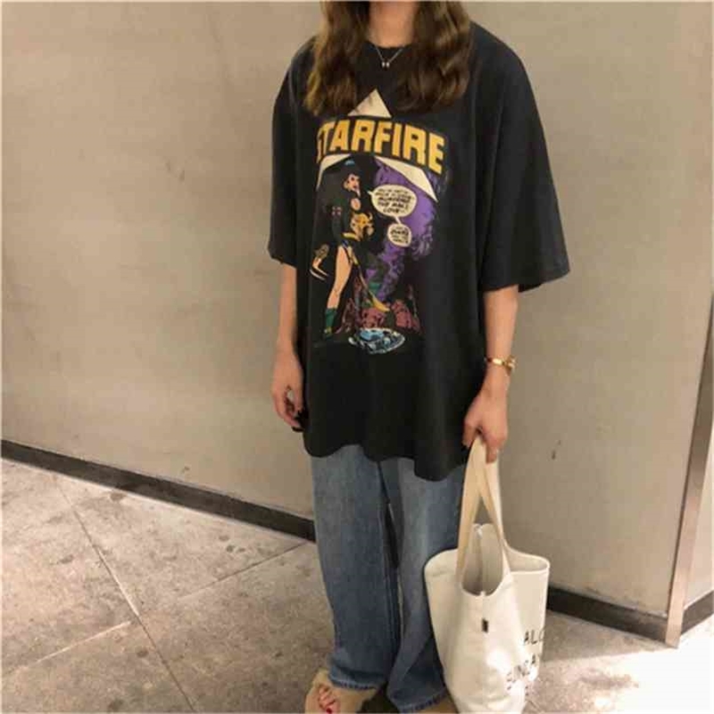 

Simple Cartoon Character Printed Casual Vintage Basic All Match Cotton Summer Fashion Short Sleeve O-neck T-shirts 210708, Light gray