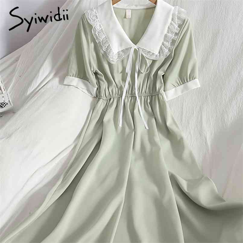 

Dresses for Women Summer Contrase Color Lace Ruffles Spliced with Belt Turn-down Collar A-line Dress Green Black 210607, Red