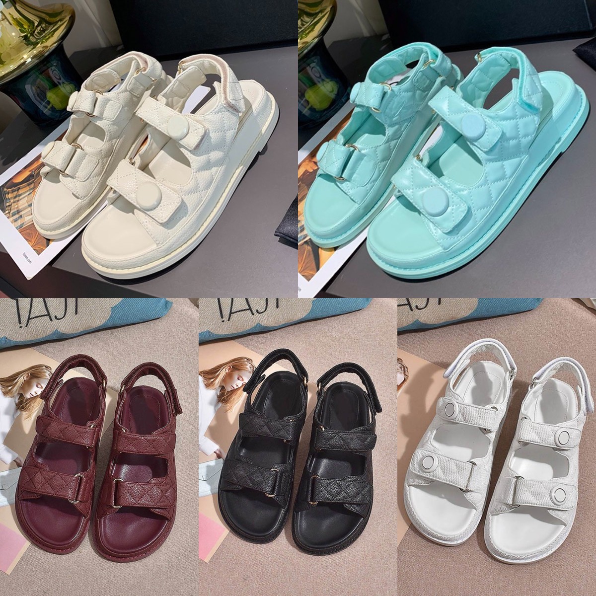 

2022 Designer Women Sandals Black White Grid Pattern Magic Stick Shoes Versatile Casual Sports Sandal Velcro Flat Stylist Shoe Size 35 to 41