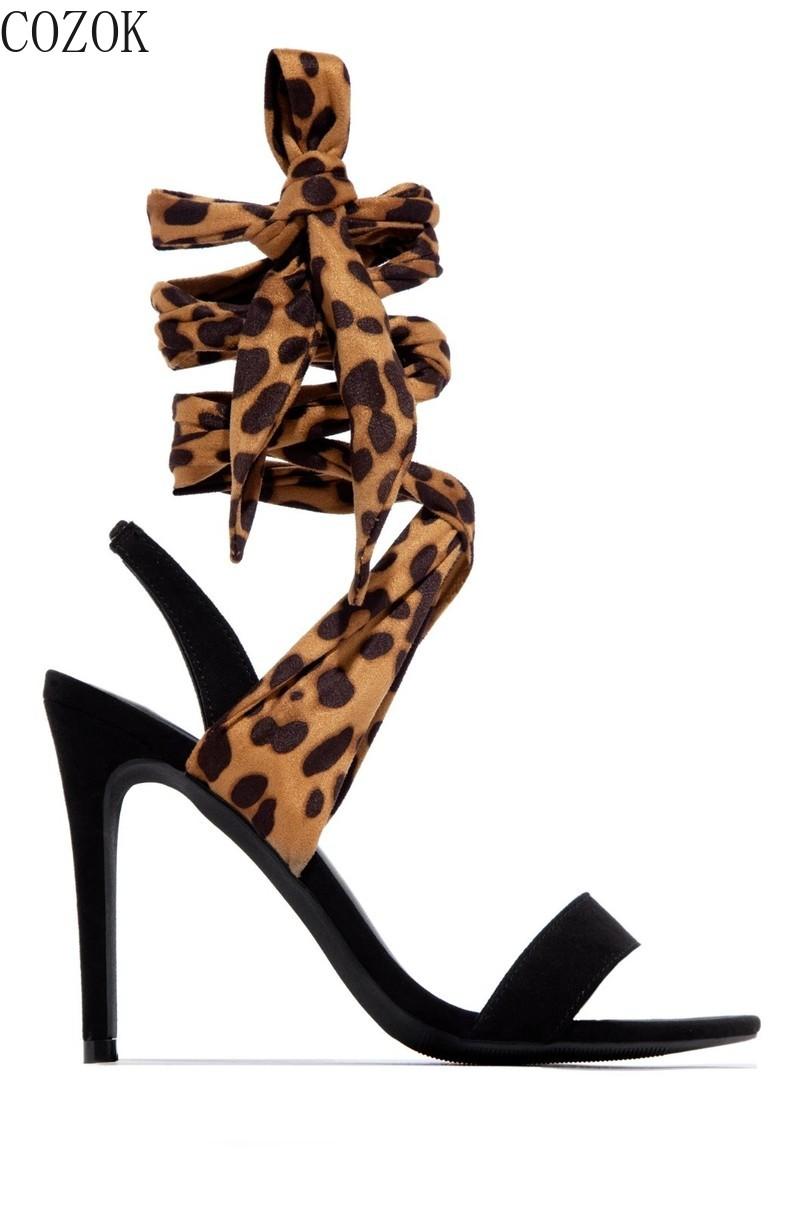 

Ladies Sexy High-heeled Sandals Ankle Straps Comfortable All-match Women's Shoes Mature Women Leopard Print, Black