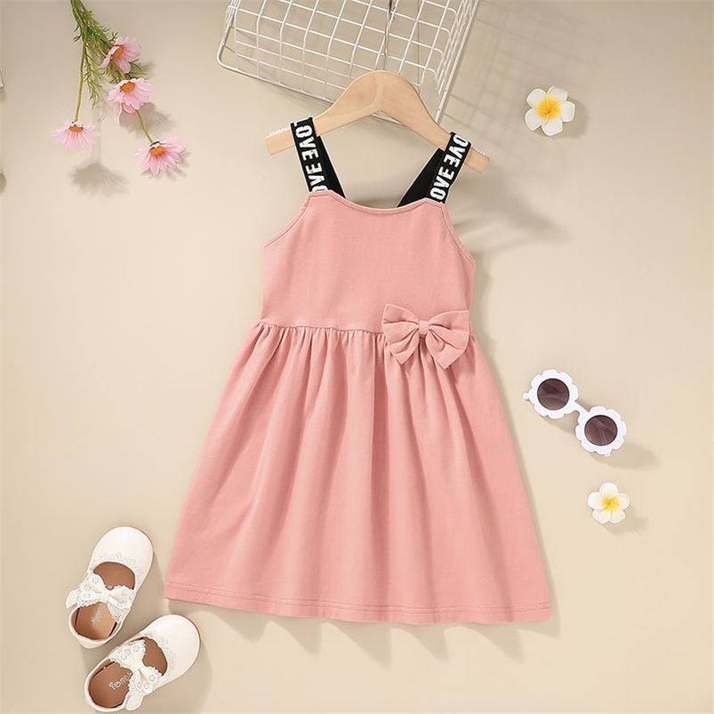 

Summer Girls Dress Letter Strap Bow Pink Solid Bodycon Cute Style Vestidos 9M-6T 210629