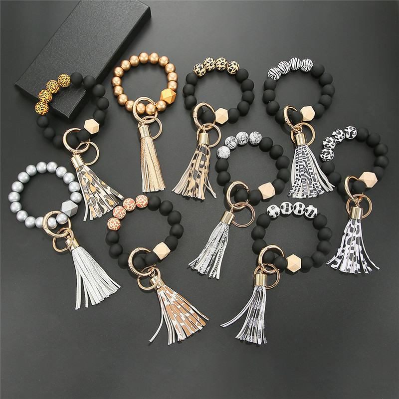 

2021 Print wooden Beads Bracelet Keychain for Girls Jewelry with Tassels Gifts Trendy Simple Wave Style Circle Wristlet Keychains Bangle Unisex, As show