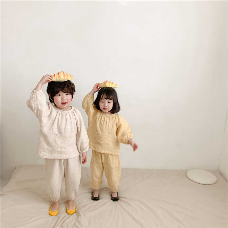 

Spring Summer unisex kids solid color casual pajama sets boys and girls cotton linen sleepwear 2pcs suit clothes 210615, Yellow