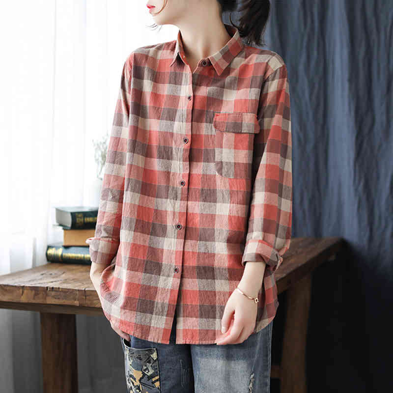 

Johnature Cotton Linen Plaid Vintage Women Shirts Turn-down Collar Full Sleeve Summer Blouses Loose Pocket Casual Tops 210521, Orange red