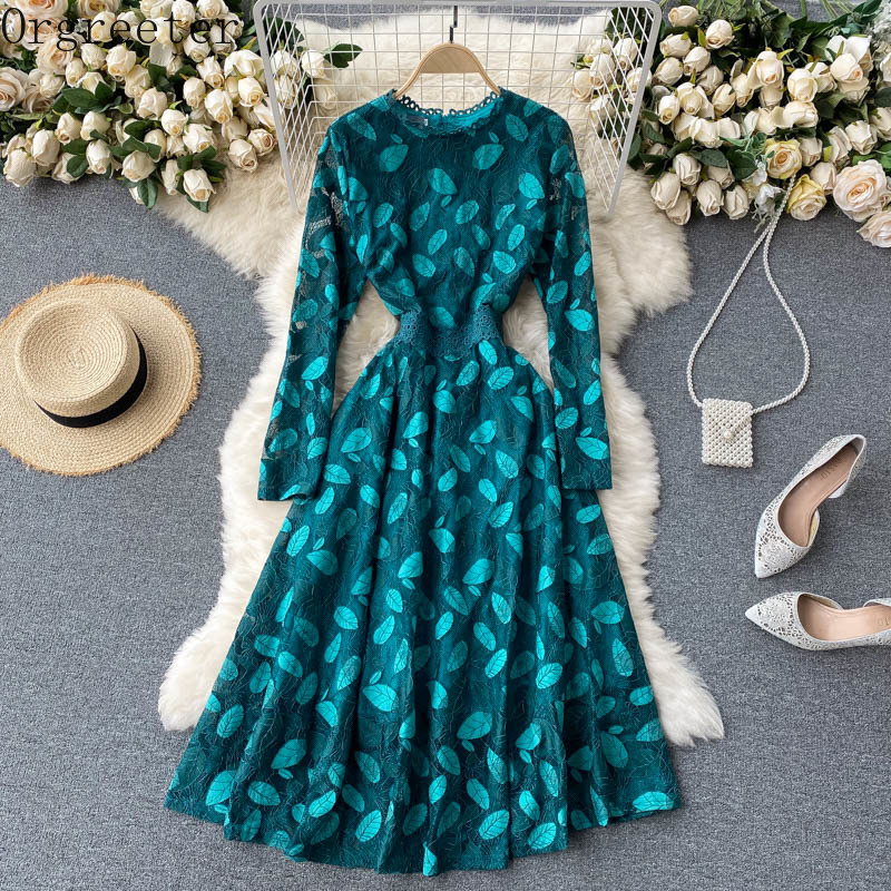 

Leaf jacquard Lace Dress for Women Elegant Long Sleeve O Neck A-line Green Spring Fall Retro Fashion Streetwear Midi 210525