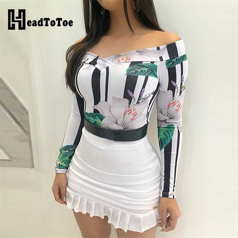 

Off Shoulder Floral Print Top & Ruffles Skirt Set Summer Casual Women Two Piece Set 211108, White