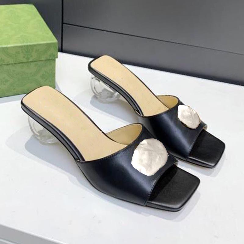 

Summer women's sandals beautiful outdoor designer slippers fashionable metal buckle transparent heel leather comfortable office work sh, Black