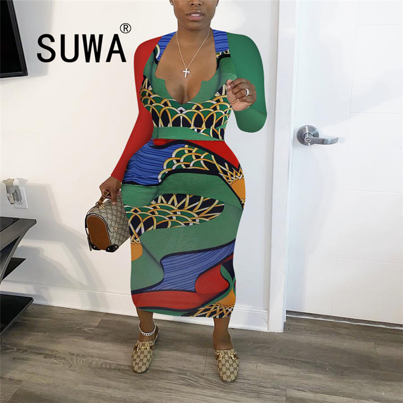 

Wholesale Autumn Sexy Club Night Party Women Geometric Print Long Sleeve V-neck Bodycon Retro Dress Active Wear Dresses 210525, Multi