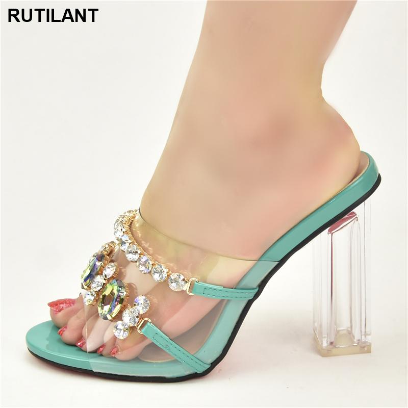 

Dress Shoes Arrival Open Toe Pumps Women Heels Ladies Plus Size 43 Clear Rhinestone Party, Black