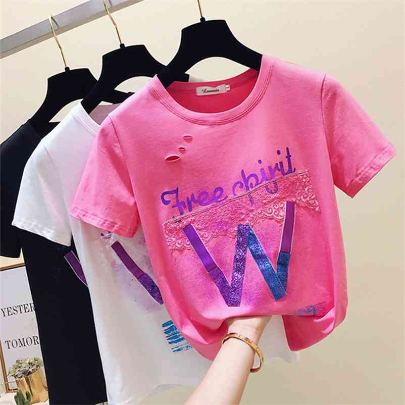 

Summer Fashion Women O Neck All-match Casual Hole Design Letter Print T-Shirt Female Pullover Tee Tops A305 210519, Black