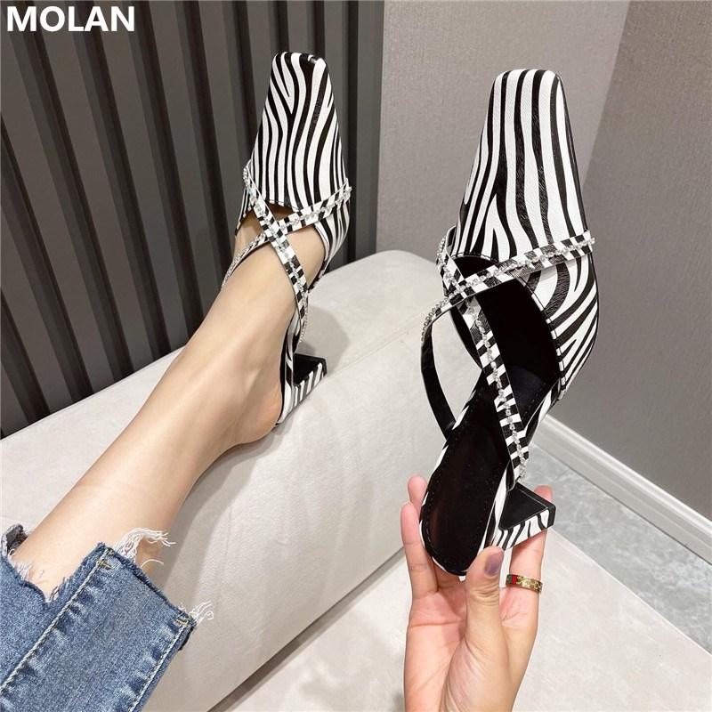 

Size 35-41 Sexy Black White Striped Leather High Heels Woman Pumps Brand Designer Socofy Lady Shoes Loafers Mules Footwear Mujer Dress