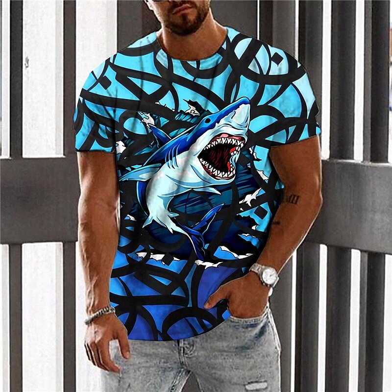 Men's Unisex T shirt 3D Print Graphic Prints Shark Crew Neck Daily Holiday Print Short Sleeve Tops Casual Designer Big and Tall Blue j6Uh#
