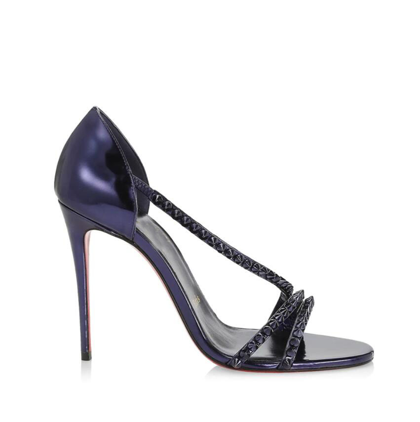 

Brand Studs heeled Elegance Women's Heel dress pumps sandal red bottom high heels So Spike Patent Leather Sandals foot strap Blue black