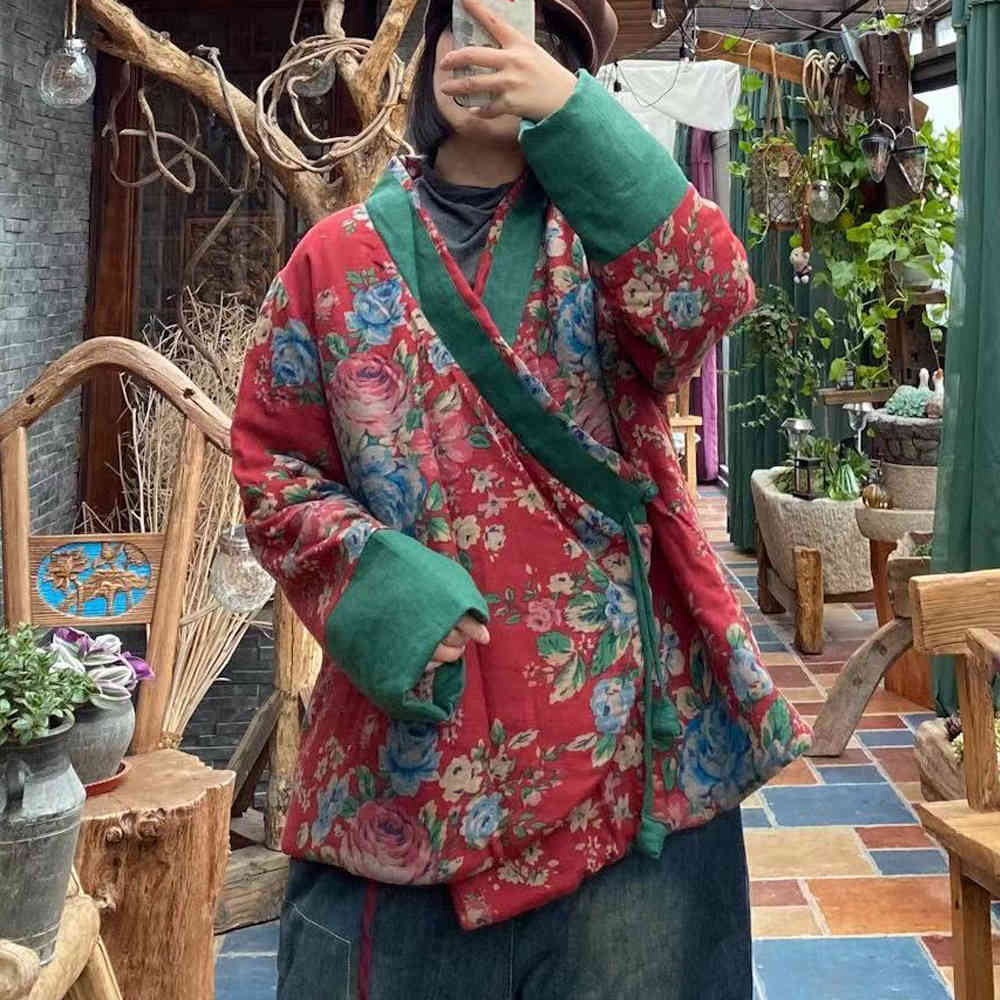 

Johnature Women Chinese Style Belt Parkas Cotton Linen Print Floral Coats V-Neck Long Sleeve Spring Loose Red Parkas 210521