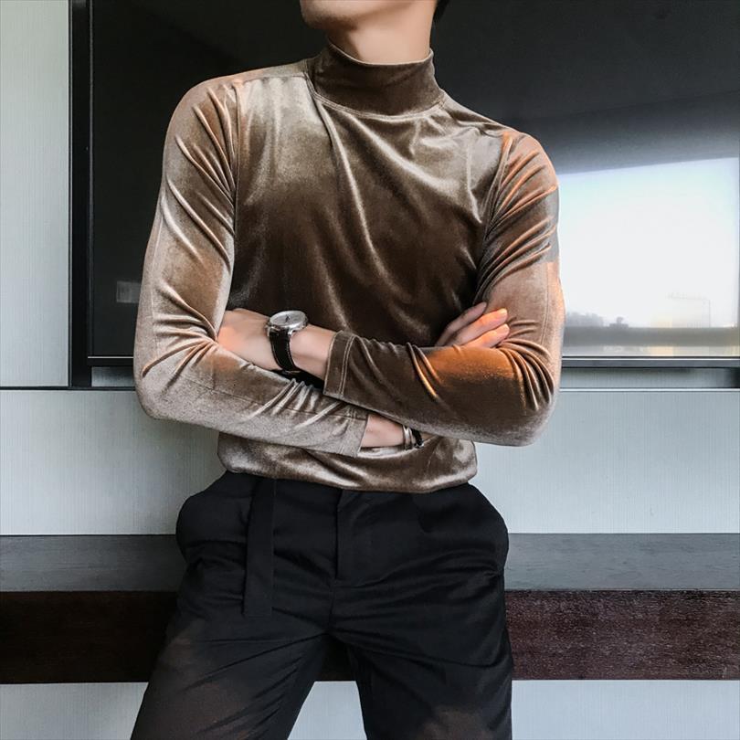 Autumn Long Sleeve Fashion Men T Shirt Clothes Velvet Stretched Turtleneck Slim Fit All Match Solid-image-711612718