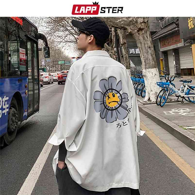 

LAPPSTER Men White Flower Korean Shirts Mens Half Sleeve Harajuku Black Male Vintage Casual Clothing Button Up 210721