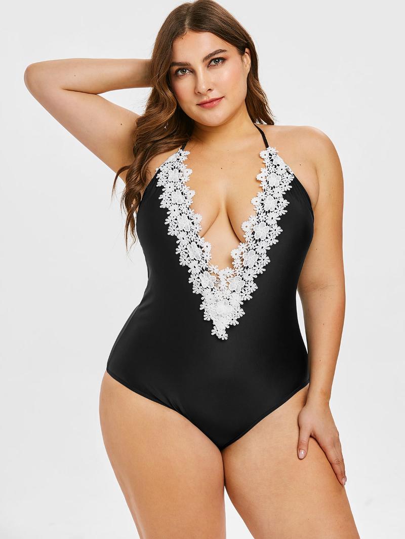 

Wipalo Women Plus Size Halter Neck Applique Swim Wear Sexy Pluning Solid Bathing Suit 2021 Ladies Summer Casual Beach Women's Tracksuits, Black