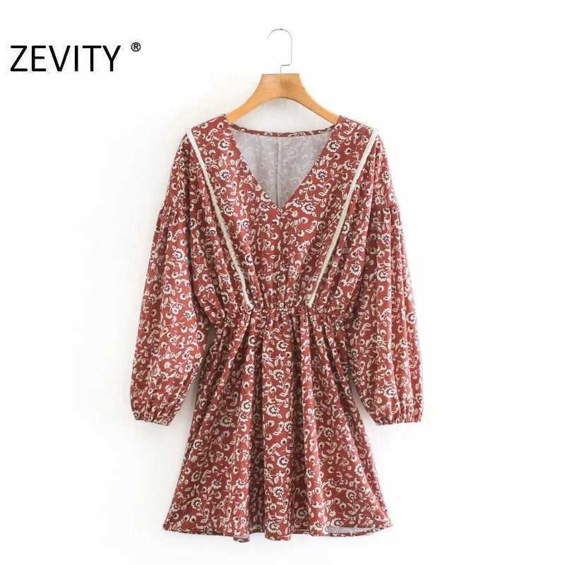 

Zevity Autumn Women Fashion V Neck Flower Print Pleats Shirt Dress Ladies Chic Lantern Sleeve Tassel Stitching Vestido DS4569 210603, As pic ds4569ld